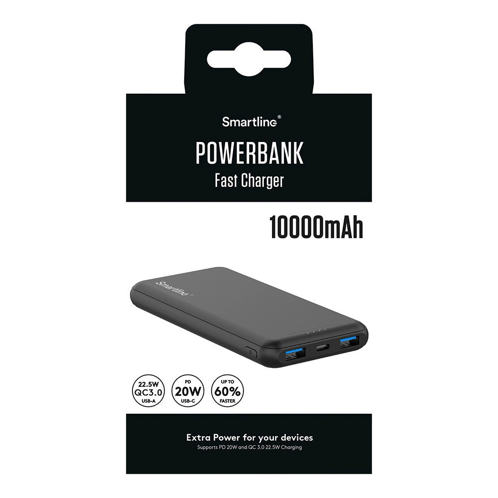 Smartline 22.5W Powerbank - 1 x USB-A (QC) & 2 x USB-C (PD) - 10000 mAh - Black