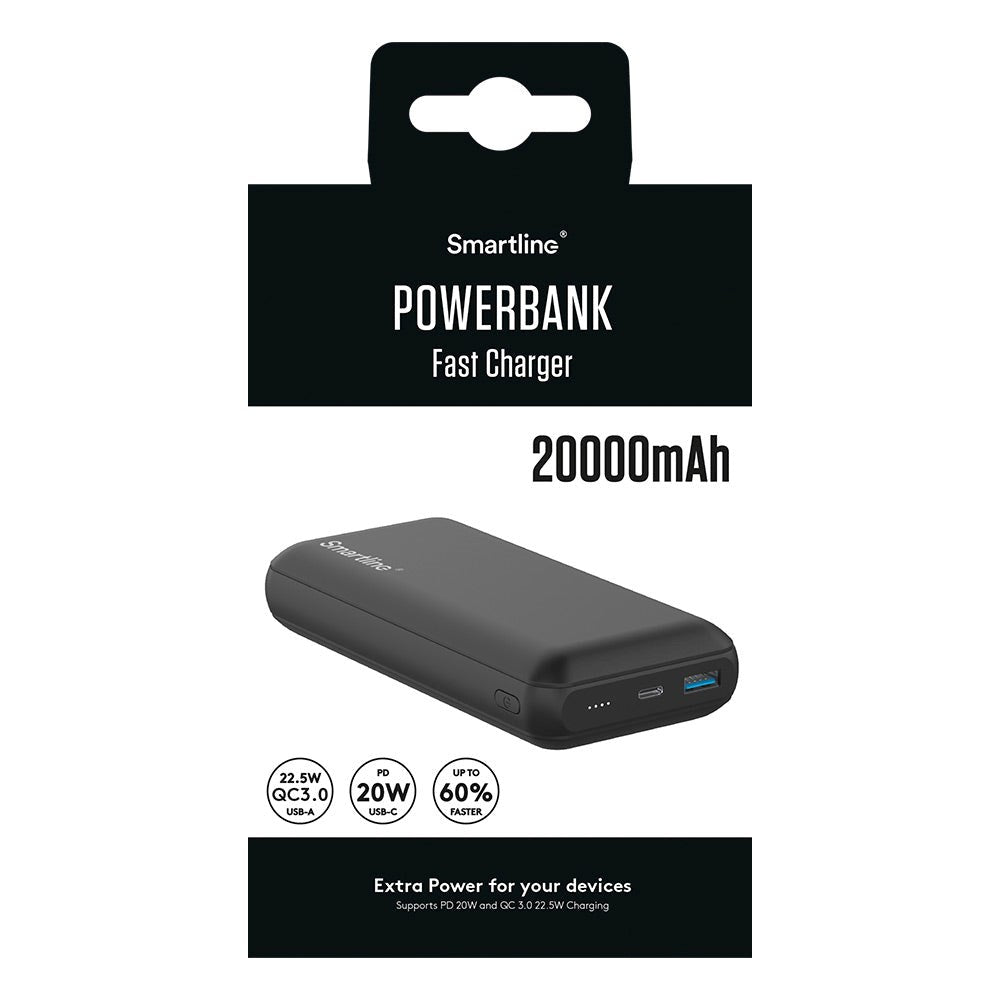 Smartline 22.5W Powerbank - 1 x USB-A (QC) & 1 x USB-C (PD) - 20000 mAh - Black