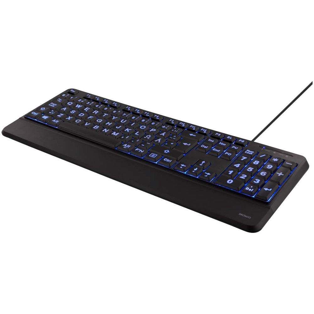 Deltaco LED Wired Keyboard with. Large Letters and Nordic Layout - Black