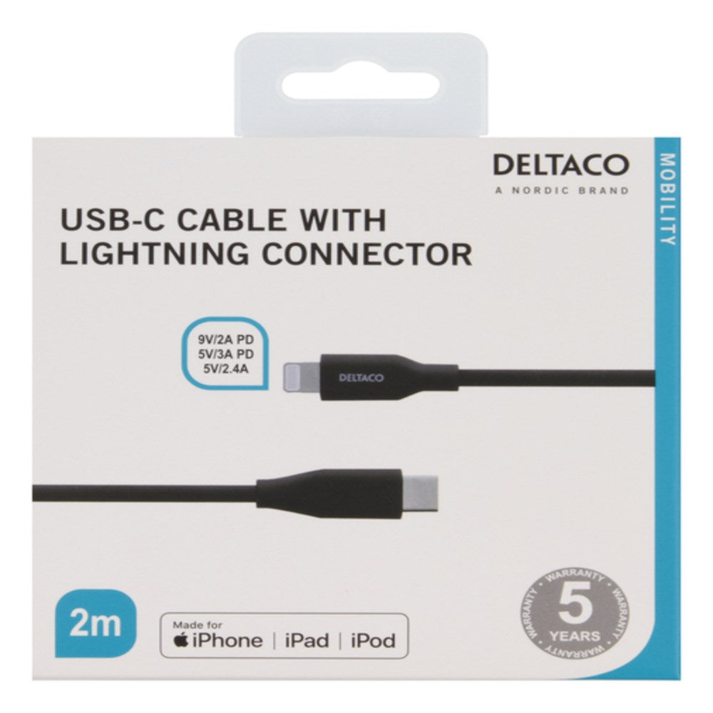 Deltaco 18W USB-C to Lightning Cable - 2m - Black