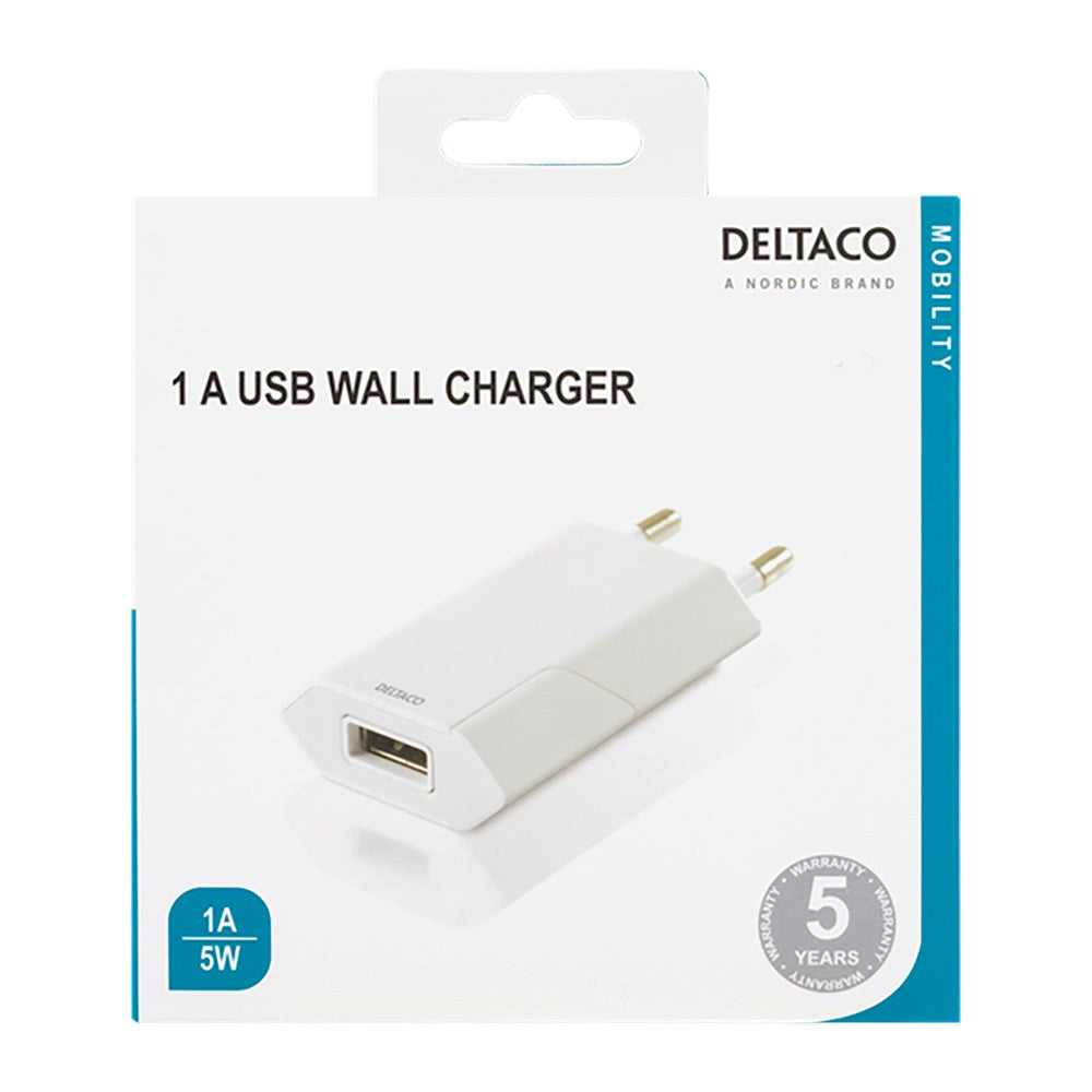 Deltaco 5V/1A 5W Wall charger w. USB-A - White