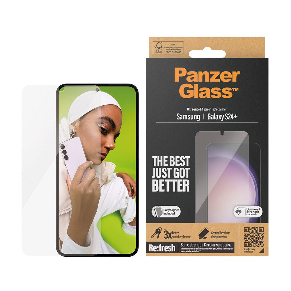 Samsung Galaxy S24+ (Plus) PanzerGlass Ultra Wide Fit Re:fresh Screen Protector w. EasyAligner - Diamond Strength - Transparent