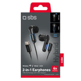SBS Hybrid 2-in-1 Headphones - with / without Cable - USB-C - Black