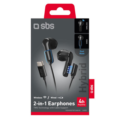 SBS Hybrid 2-in-1 Headphones - with / without Cable - USB-C - Black