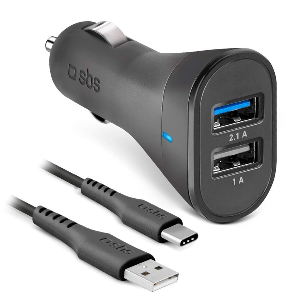 SBS 10W Car Charger Set w. 2 x USB-A & USB-C Cable - Black