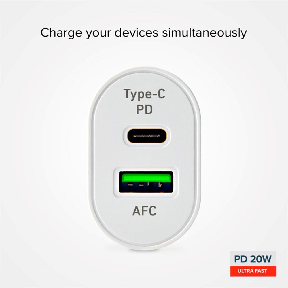 SBS 20W Fast Wall Charger with USB-C PD & USB-A AFC - White