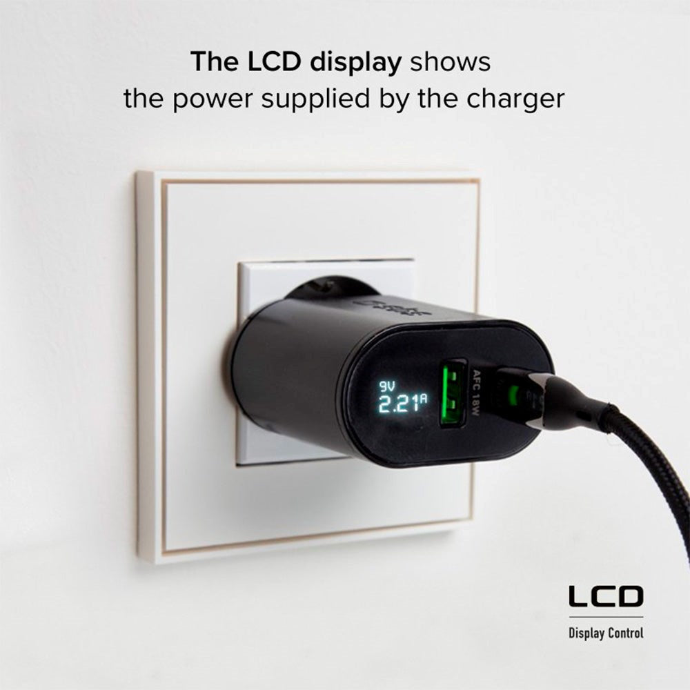 SBS 20W LCD Screen Wall Charger with USB-C PD & USB-A AFC - Black