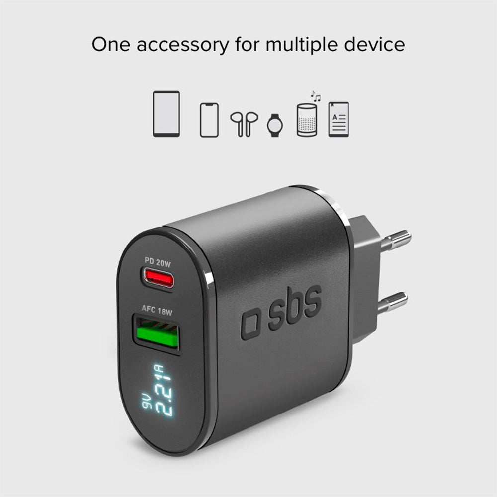 SBS 20W LCD Screen Wall Charger with USB-C PD & USB-A AFC - Black