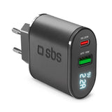 SBS 20W LCD Screen Wall Charger with USB-C PD & USB-A AFC - Black