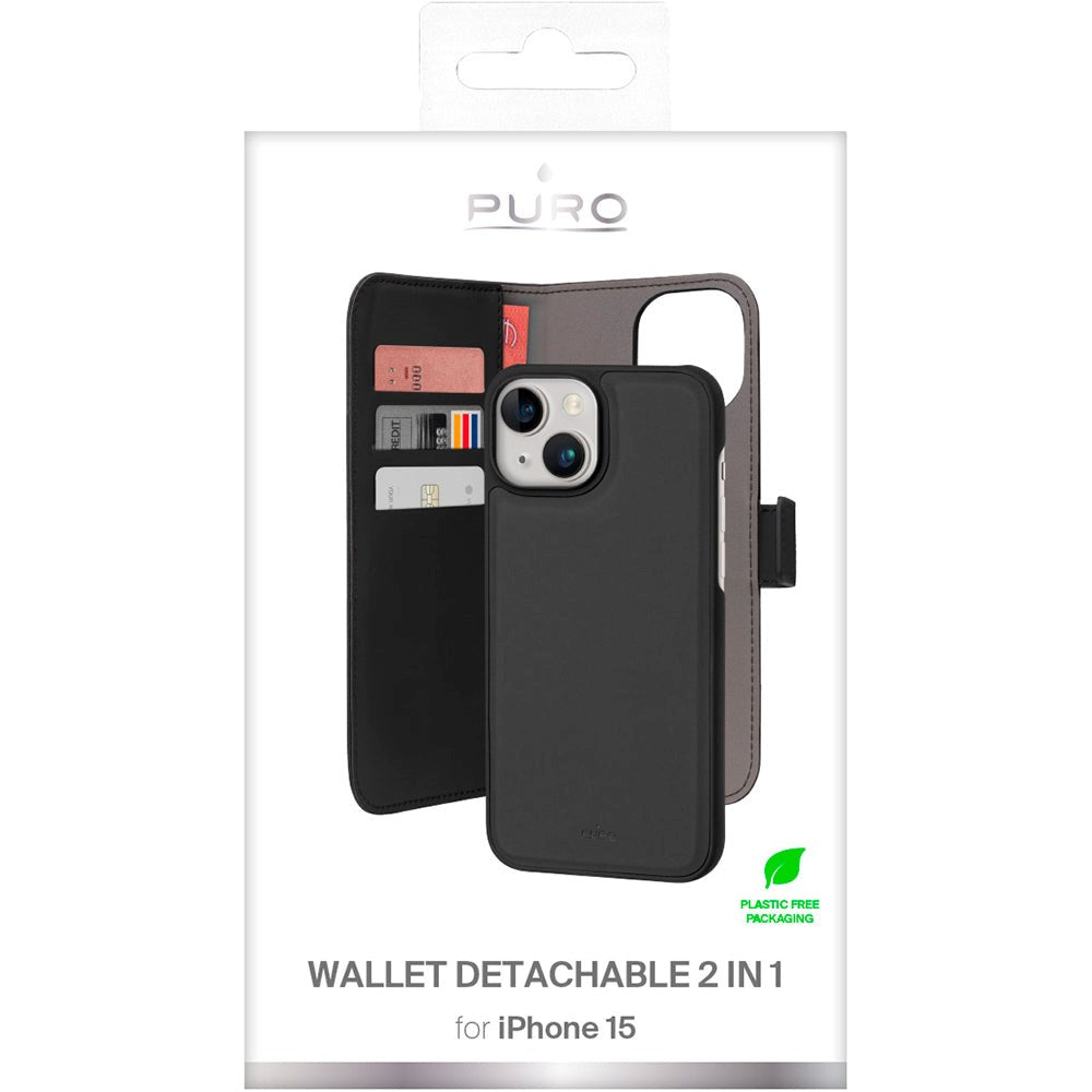 iPhone 15 Puro Wallet Case Detachable 2-In-1 - Black