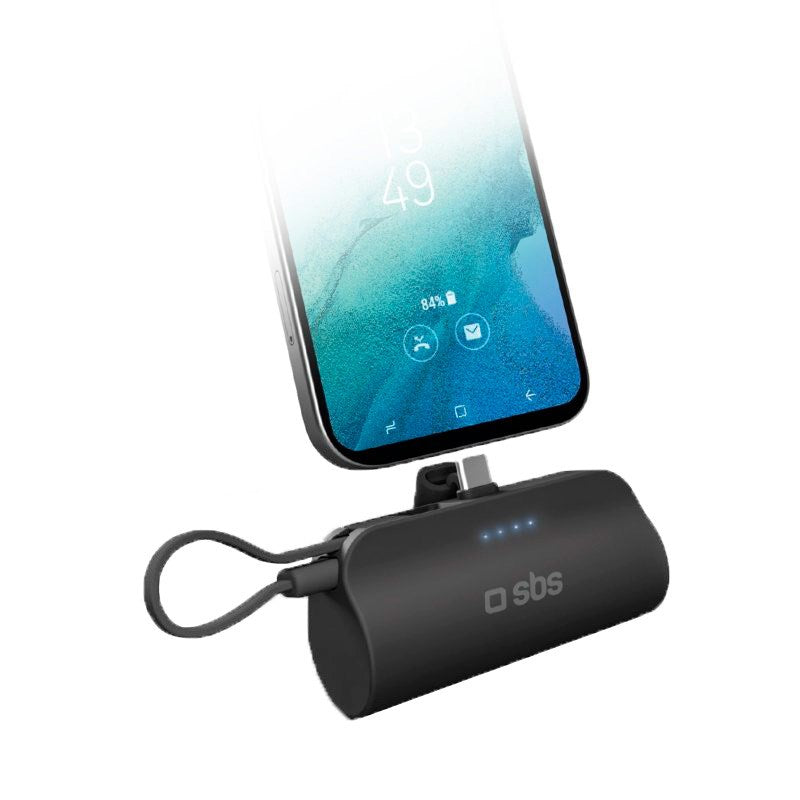 SBS Powerbank Nano Tube 12W / 5,000mAh w. Stand and USB-C - USB-C Cable - Black