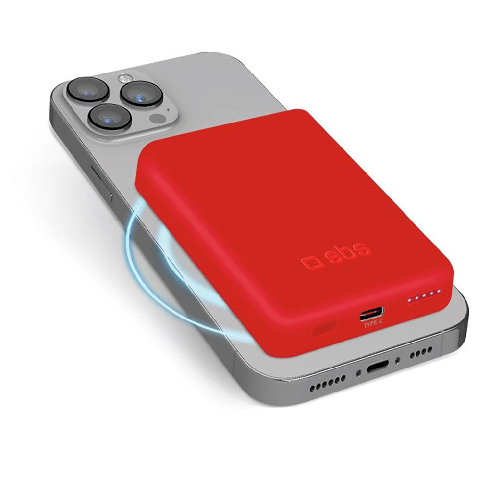 SBS Mag PowerBank 5000 mAh w. USB-C & Wireless Charging - Red