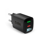 SBS - 30W LCD Wall Charger with 1x USB-A & 1x USB-C - Black