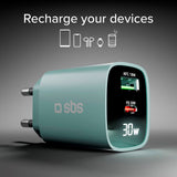 SBS - 30W LCD Wall Charger with 1x USB-A & 1x USB-C - Light Blue
