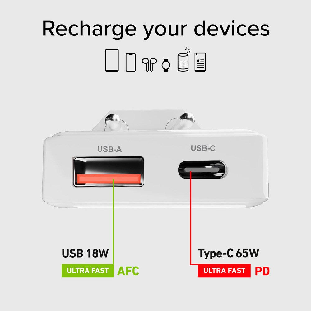 SBS 65W Flexi Foldable Wall Charger with 1x USB-A & 1x USB-C - White
