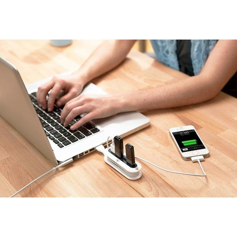 Contort From Quirky - 4-port USB Hub w. Cable Organizer & SuperFlex - White / Green