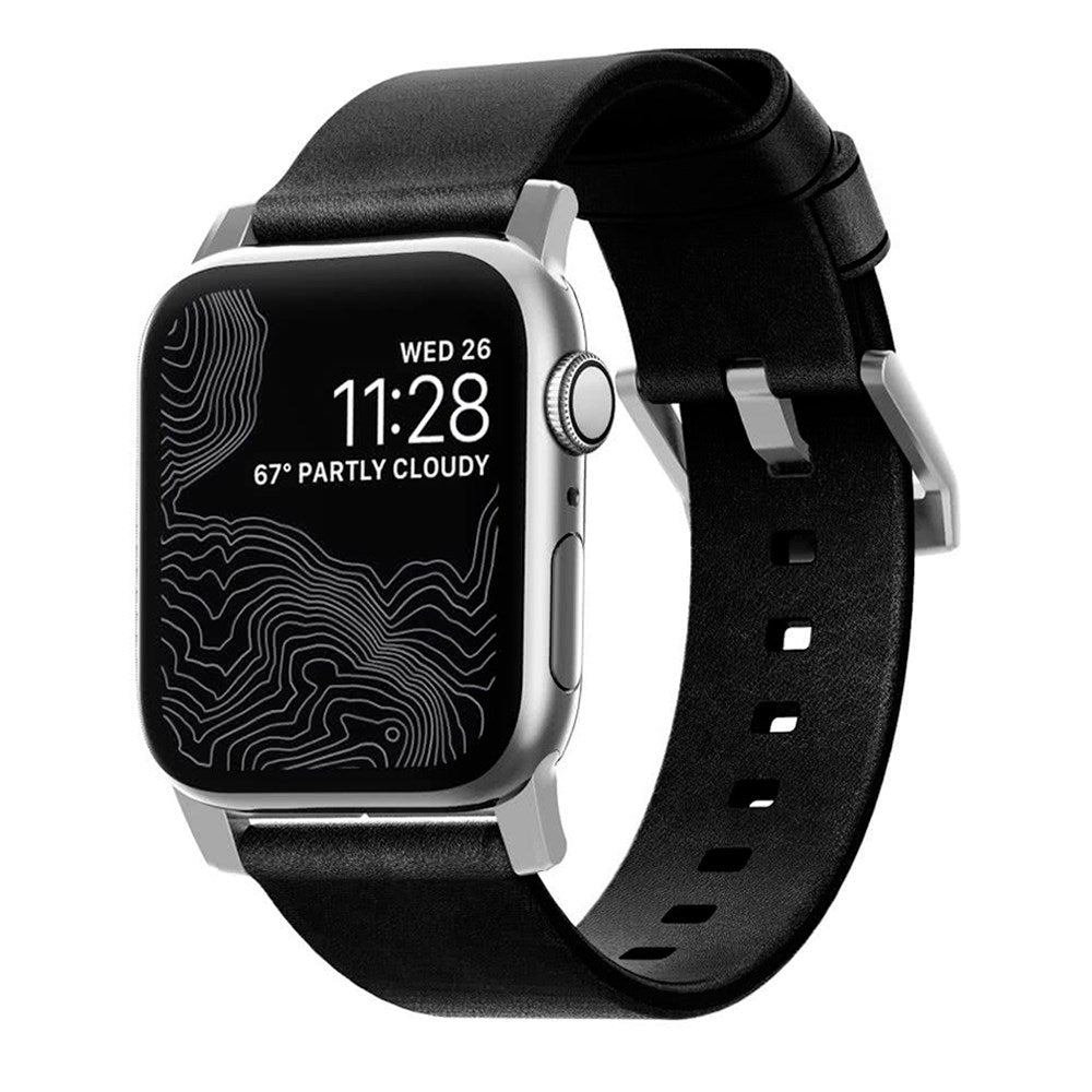 Nomad Apple Watch (42/44/SE/45/46/49mm) Modern Horween Band Strap - Black / Silver Hardware