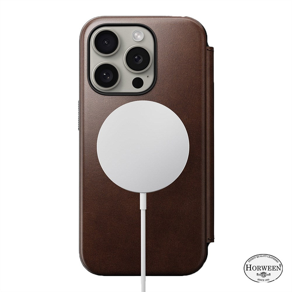 iPhone 15 Pro Nomad Modern Horween Leather Folio Case - MagSafe Compatible - Brown