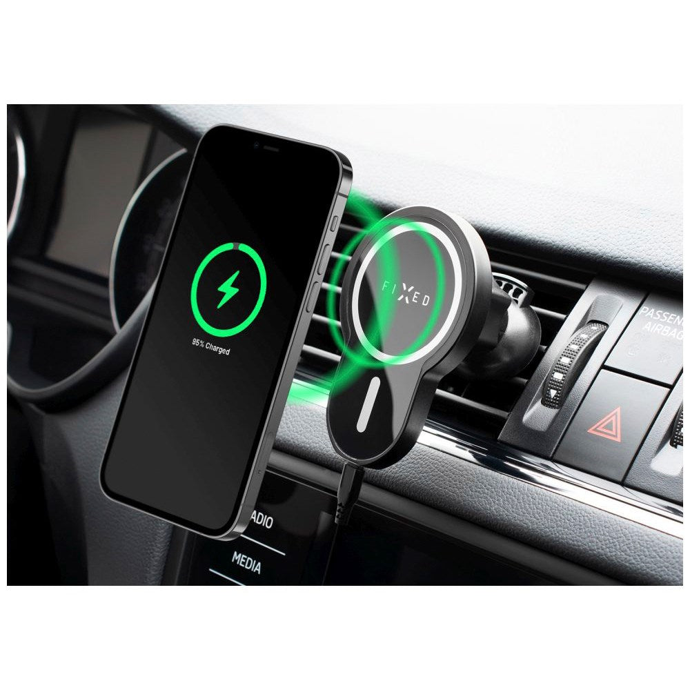 Fixed MagClick Magnetic Phone Holder for Car w. Wireless Charging 15W - MagSafe Compatible - Black