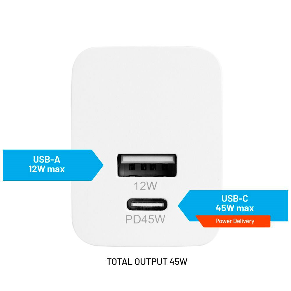 Fixed Mini Wall Charger 45W w. USB-A & USB-C - White