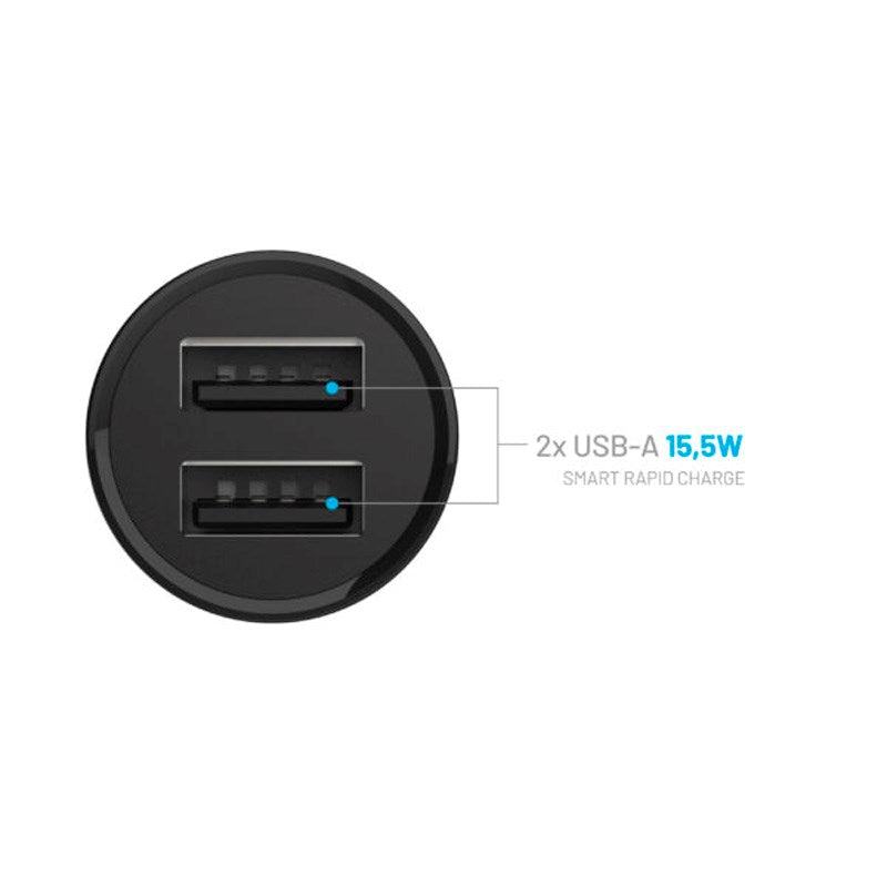 Fixed Mini Car Charger 2x USB-A / 1x USB-C Cable 15W - 1m - Black
