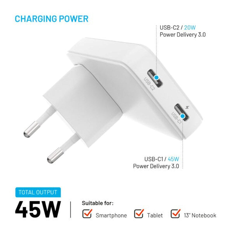 Fixed Slim Wall Charger with 2 x USB-C & Travel Adapter - EU / UK / US / AUS - White