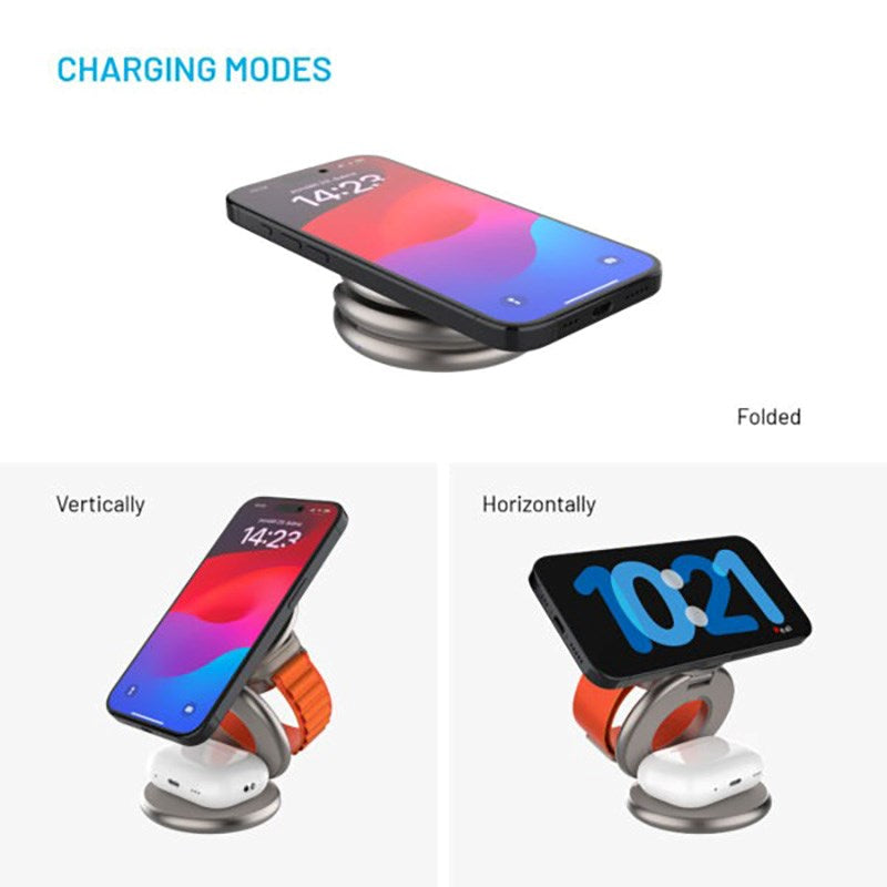 Fixed MagFlex Round Foldable 3-in-1 Wireless Charger - Phone / Headphones / Smartwatch - MagSafe Compatible - Titanium