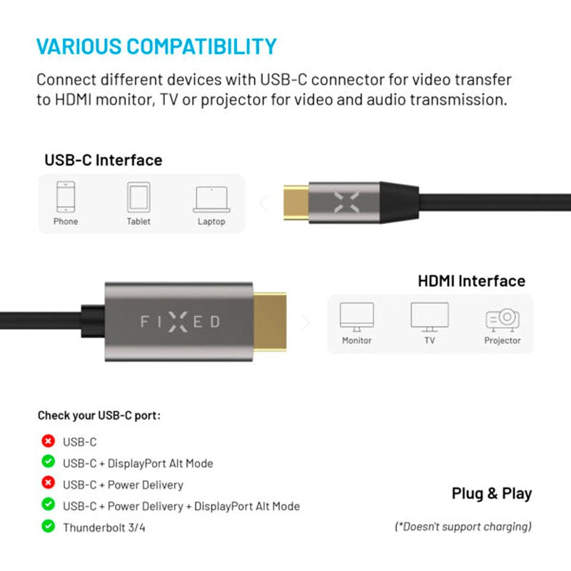 Fixed USB-C to HDMI Cable 4K / 60 Hz - 2m - Black