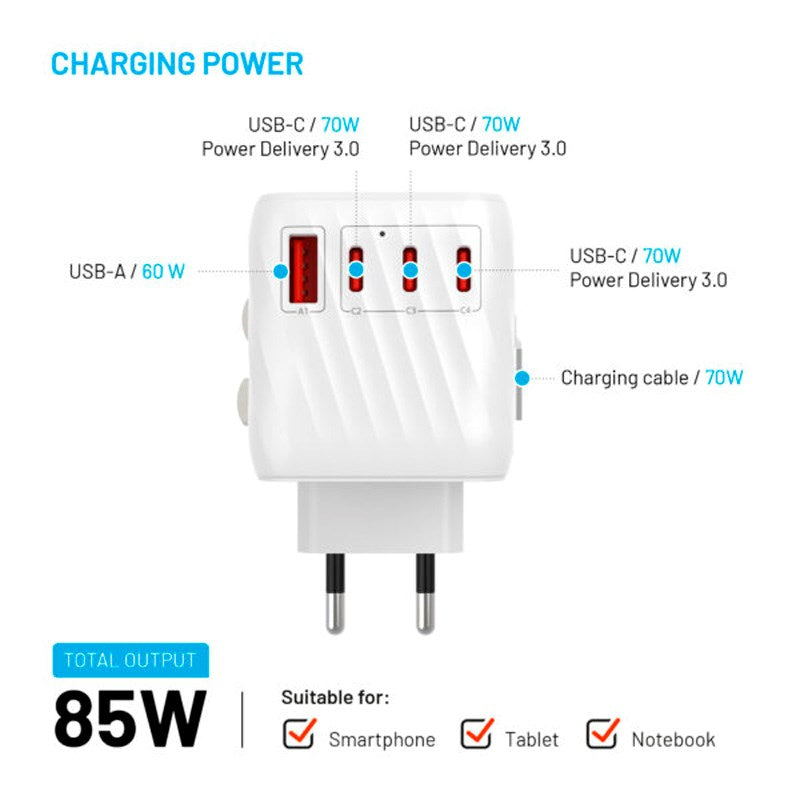 Fixed Universal Travel Adapter 85W EU / UK / USA / AUS - White