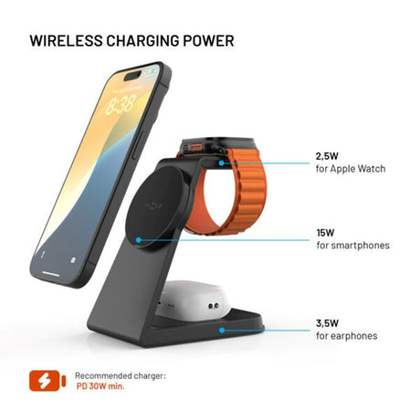 FIxed 3-in-1 Wireless Charging Dock 15W - Smartphone / Apple Watch / AirPods - Black