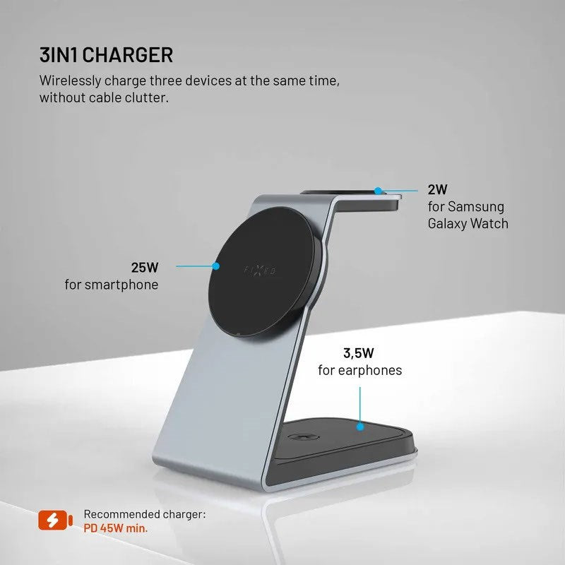 Fixed 3-in-1 Wireless Samsung Charger - MagSafe / Qi2 Compatible - Grey