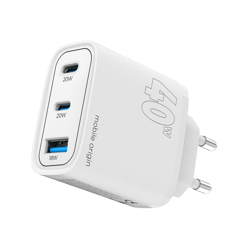 Mobile Origin GaN 40W Wall Charger with USB-A + 2 USB-C Ports - White