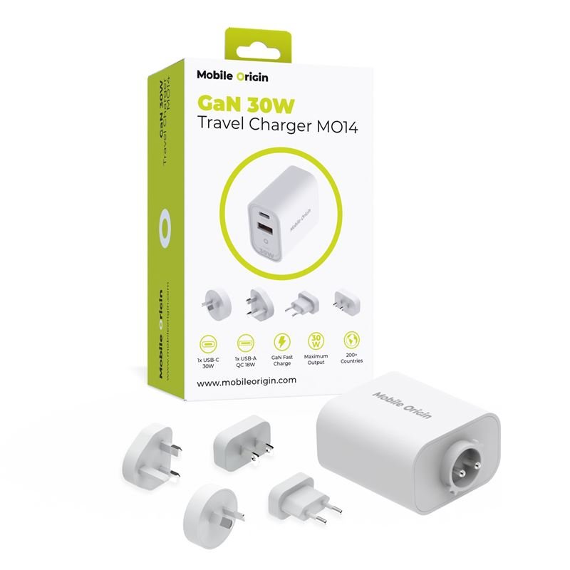 Mobile Origin GaN 30W Travel Adapter - EU, USA, UK, AUS - Hvid