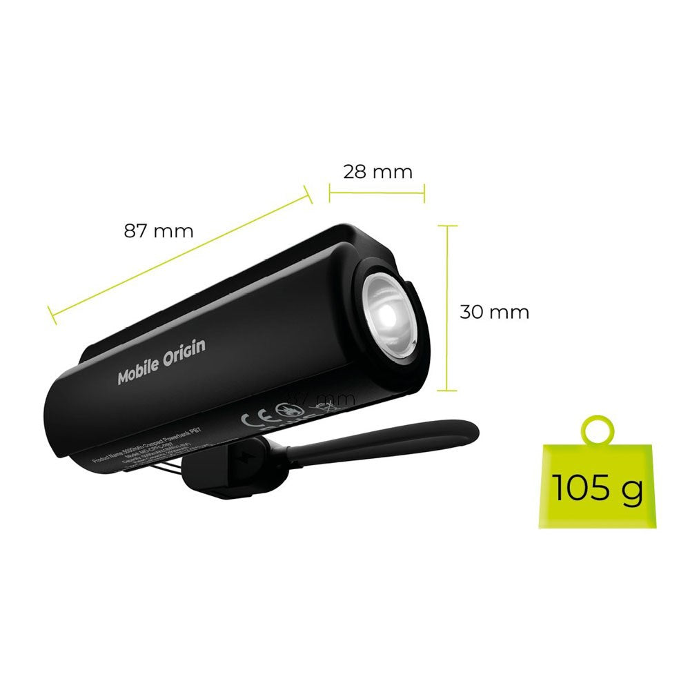 Mobile Origin 5000 mAh PowerBank with Flashlight & USB-C Cable - Black