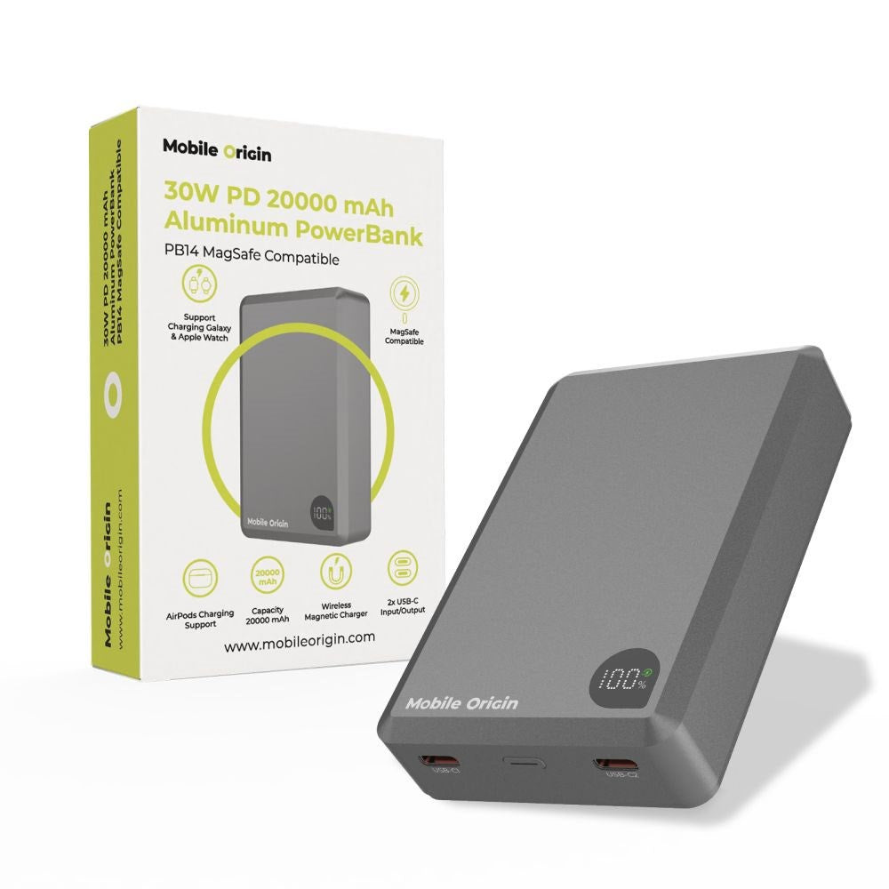 Mobile Origin 30W 20,000mAh Powerbank with USB-C & Wireless Charging - MagSafe Compatible - Gray