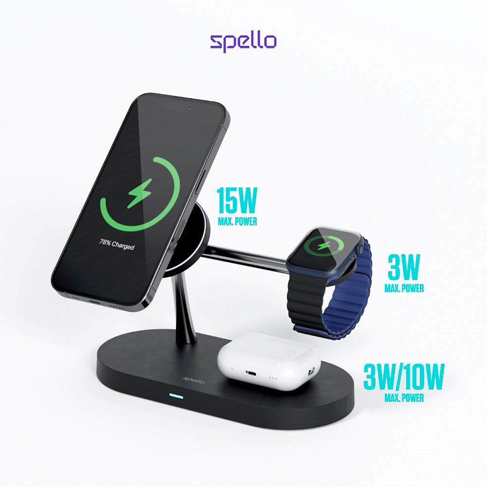 Spello 3-in-1 Magnetic Wireless Charger 15W - MagSafe Compatible - Black