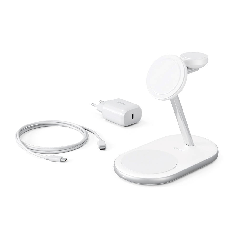 Epico Charging Stand - 3-in-1 15W Wireless Charger - MagSafe Compatible - White