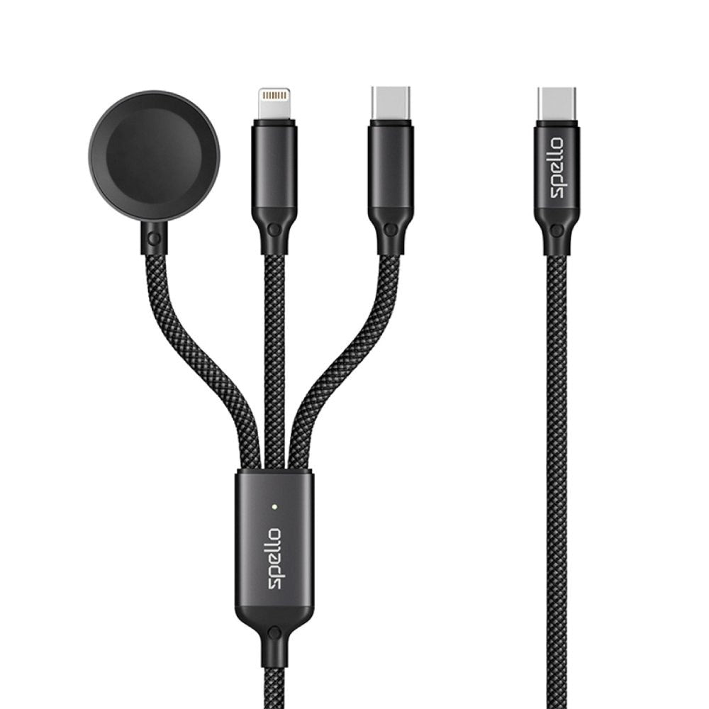 Spello 3-in-1 Multifunctional 100W USB-C Cable with USB-C - Lightning - Apple Watch Charger - Black