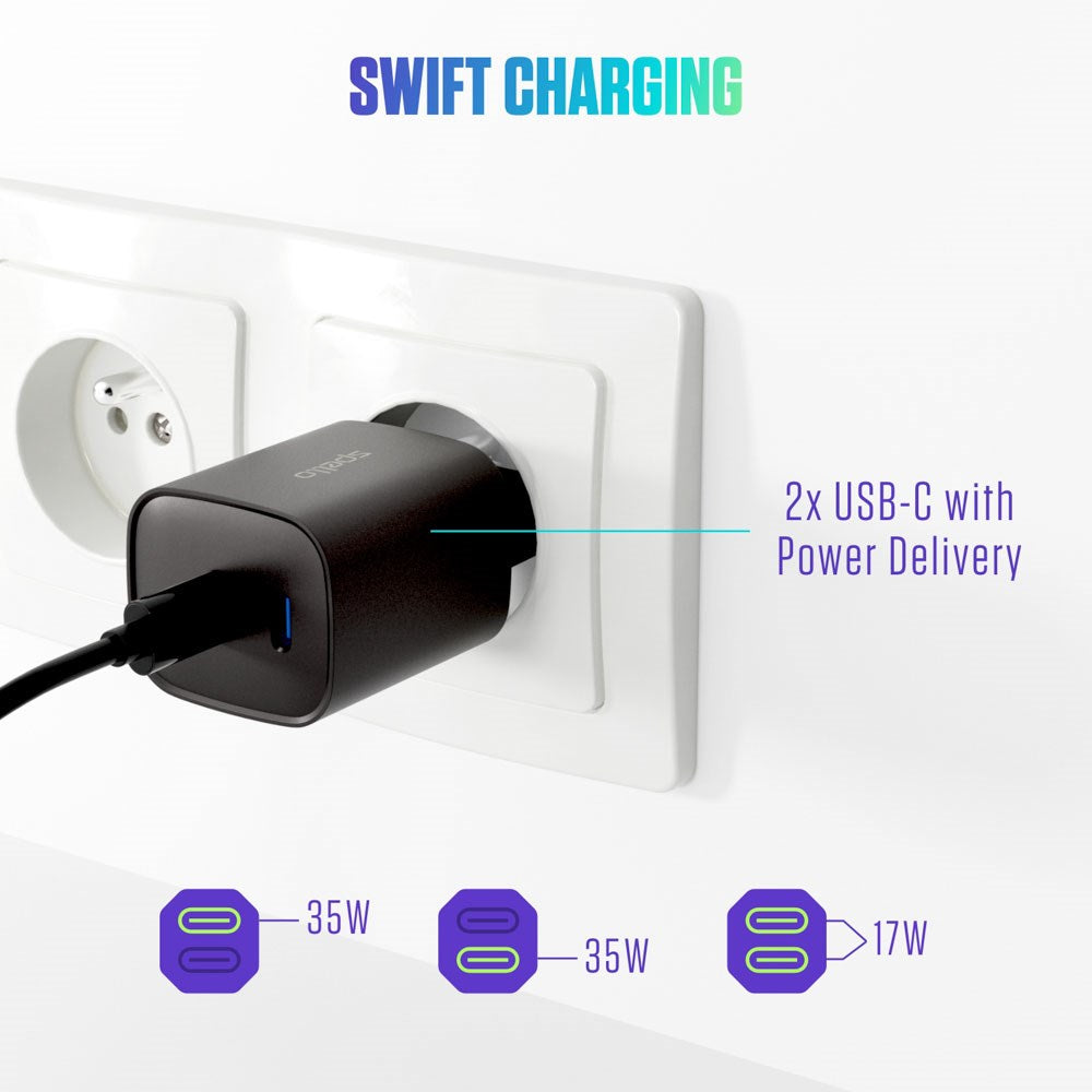 Spello 35W PD (Power Delivery) Wall Charger with 2 x USB-C - Black
