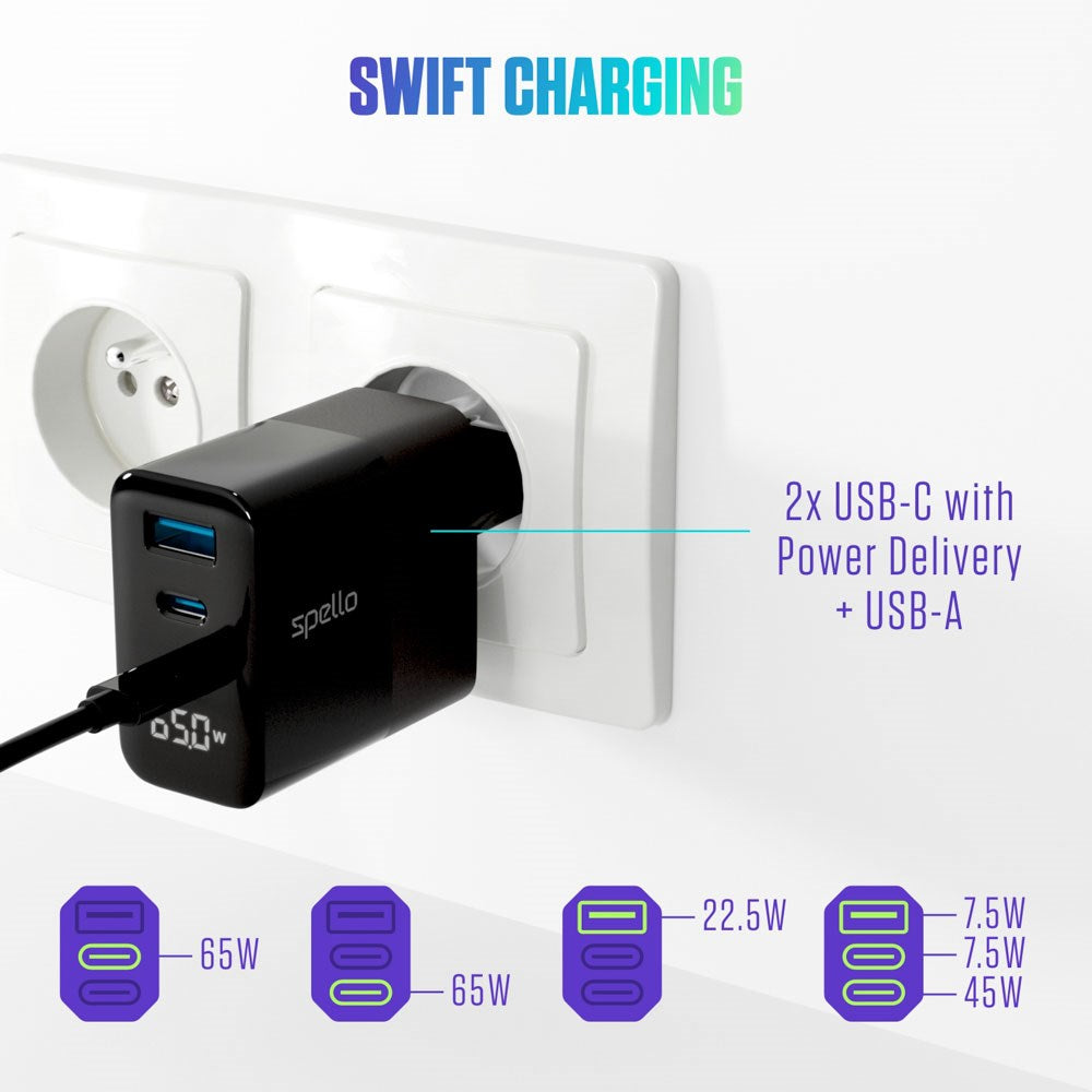 Spello 65W PD (Power Delivery) Wall Charger with 2 x USB-C 1 x USB-A - Black