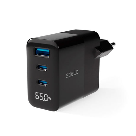 Spello 65W PD (Power Delivery) Wall Charger with 2 x USB-C 1 x USB-A - Black