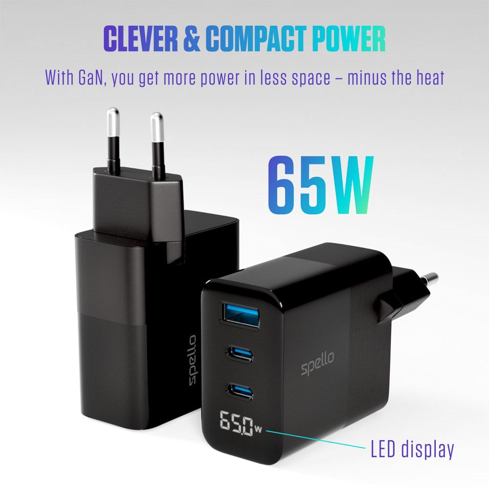 Spello 65W PD (Power Delivery) Wall Charger with 2 x USB-C 1 x USB-A - Black