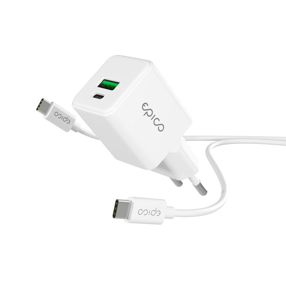 Epico UltraBoost GaN 20W Wall Charger with 1.2m USB-C to USB-C Cable - 1x USB-C / 1x USB-A - White