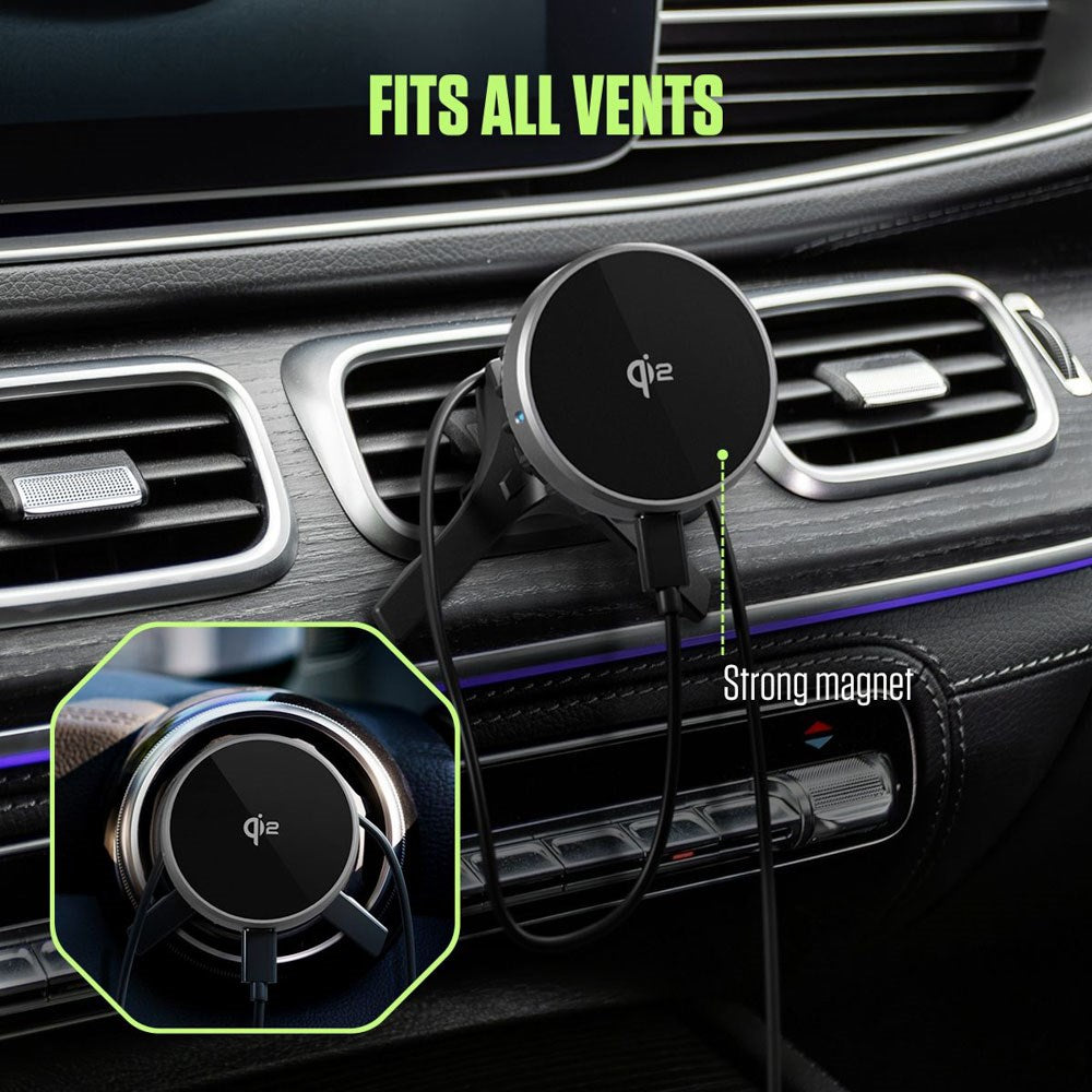 Spello Magnetic Car Phone Holder with Wireless Charging (15W) - Qi2 & MagSafe Compatible - Black