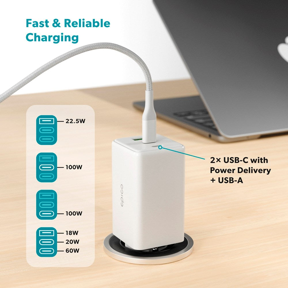 Epico UltraBoost GaN 100W Wall Charger with 2x USB-C & 1x USB-A - White