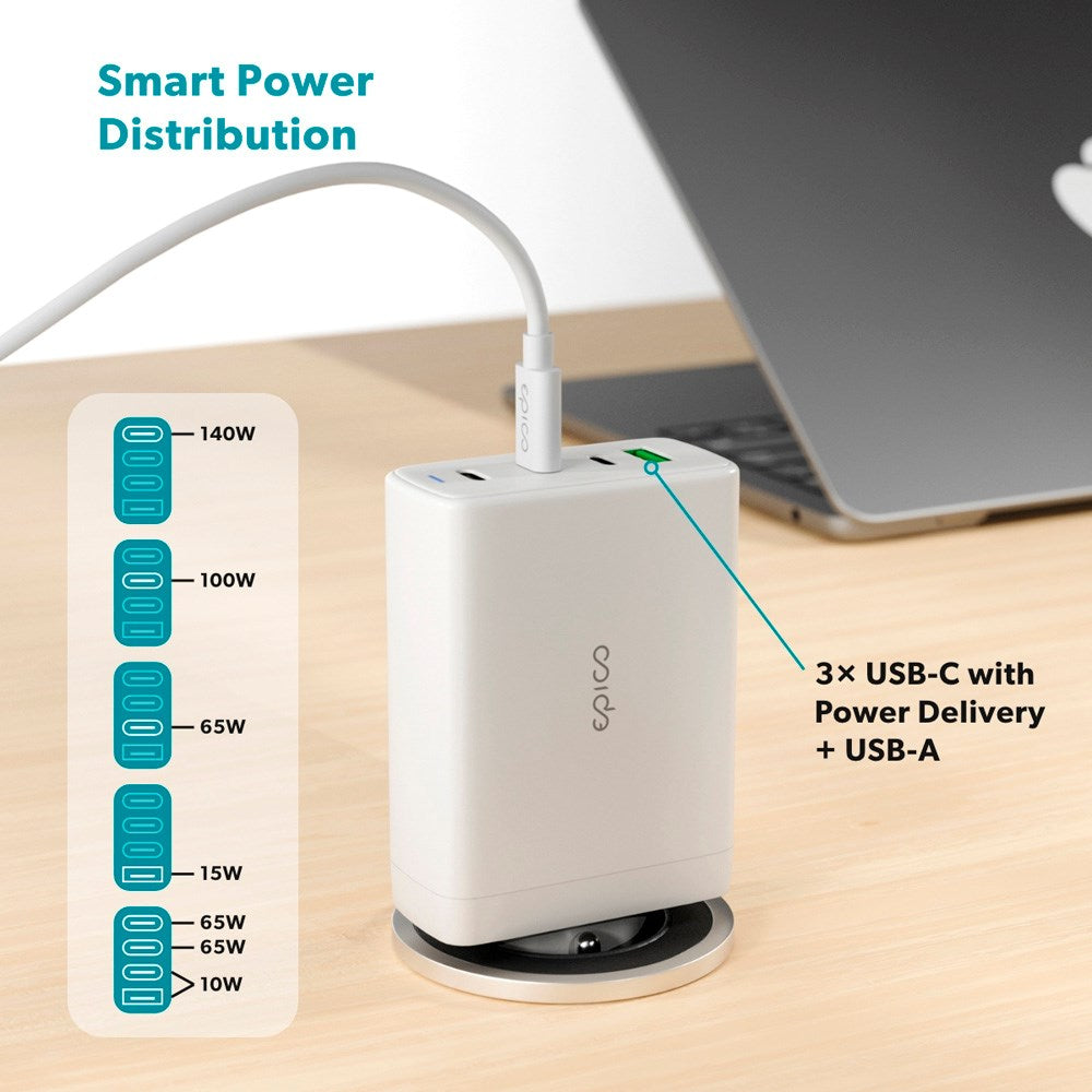 Epico UltraBoost GaN 140W Wall Charger with 3x USB-C & 1x USB-A - White