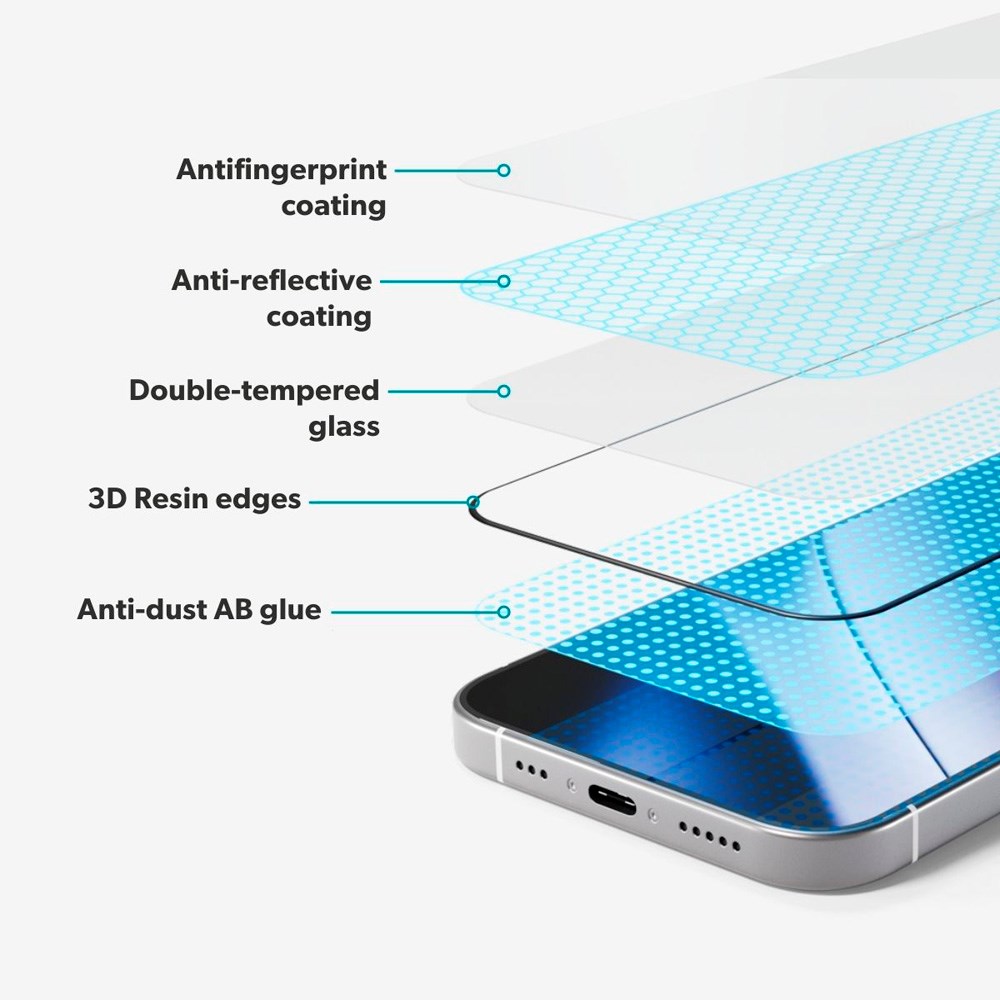 iPhone 16e / 14 / 13 / 13 Pro Epico AntiReflective Glass 3D Screen Protector Glass with Installation Frame - Transparent