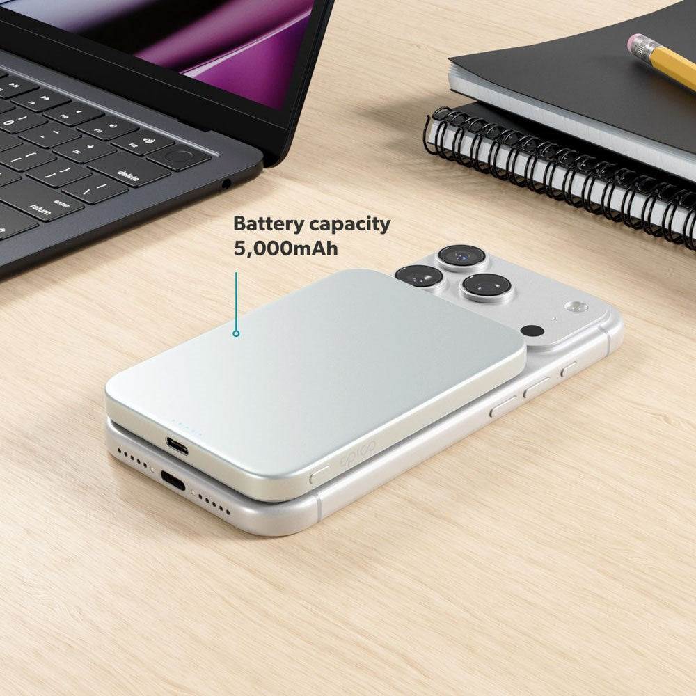 Epico 15W UltraPack EM51 Slim Alu Mag+ 5000 mAh Power Bank with USB-C - Qi2 / MagSafe Compatible - Silver