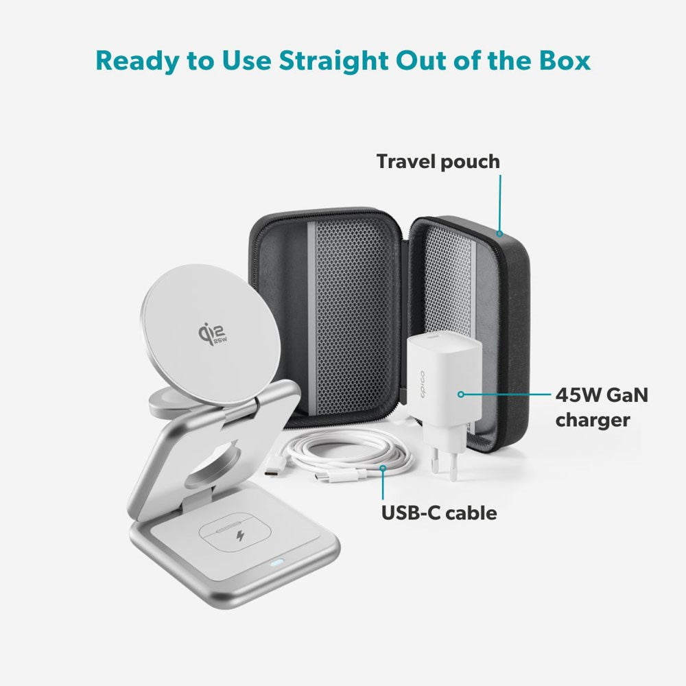 Epico UltraBase EF60 3-in-1 Fold Metal Mag+ Wireless Charger - 25W - Qi2 / MagSafe Compatible - Silver