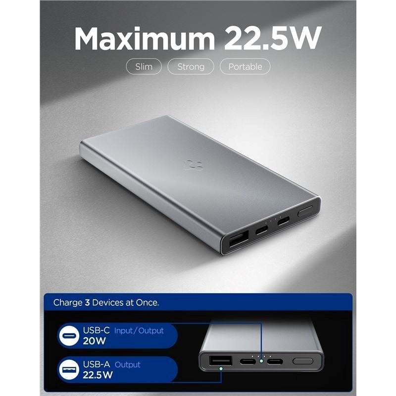 Spigen Essential 10,000mAh Powerbank with 2 x USB-C - 1 x USB-A - 22,5W - Grey